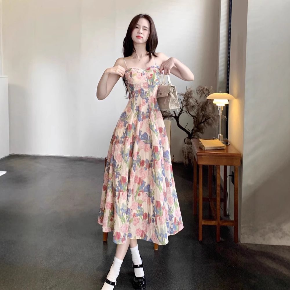 Beautiful Floral Suspender Dress Women's Beach Maxi Dress Suit