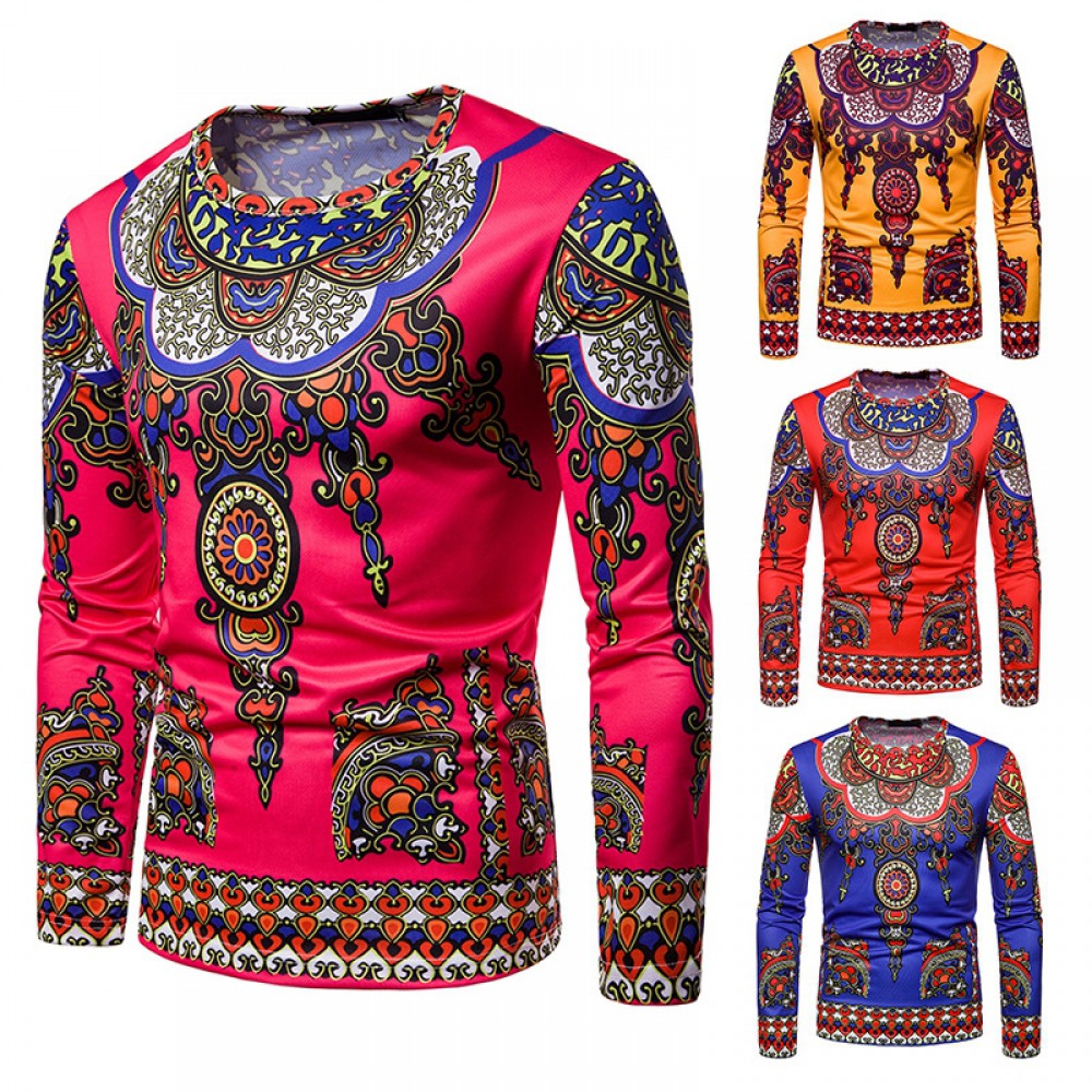 3D Ethnic Style Printing Long-Sleeved Round Neck T-Shirt