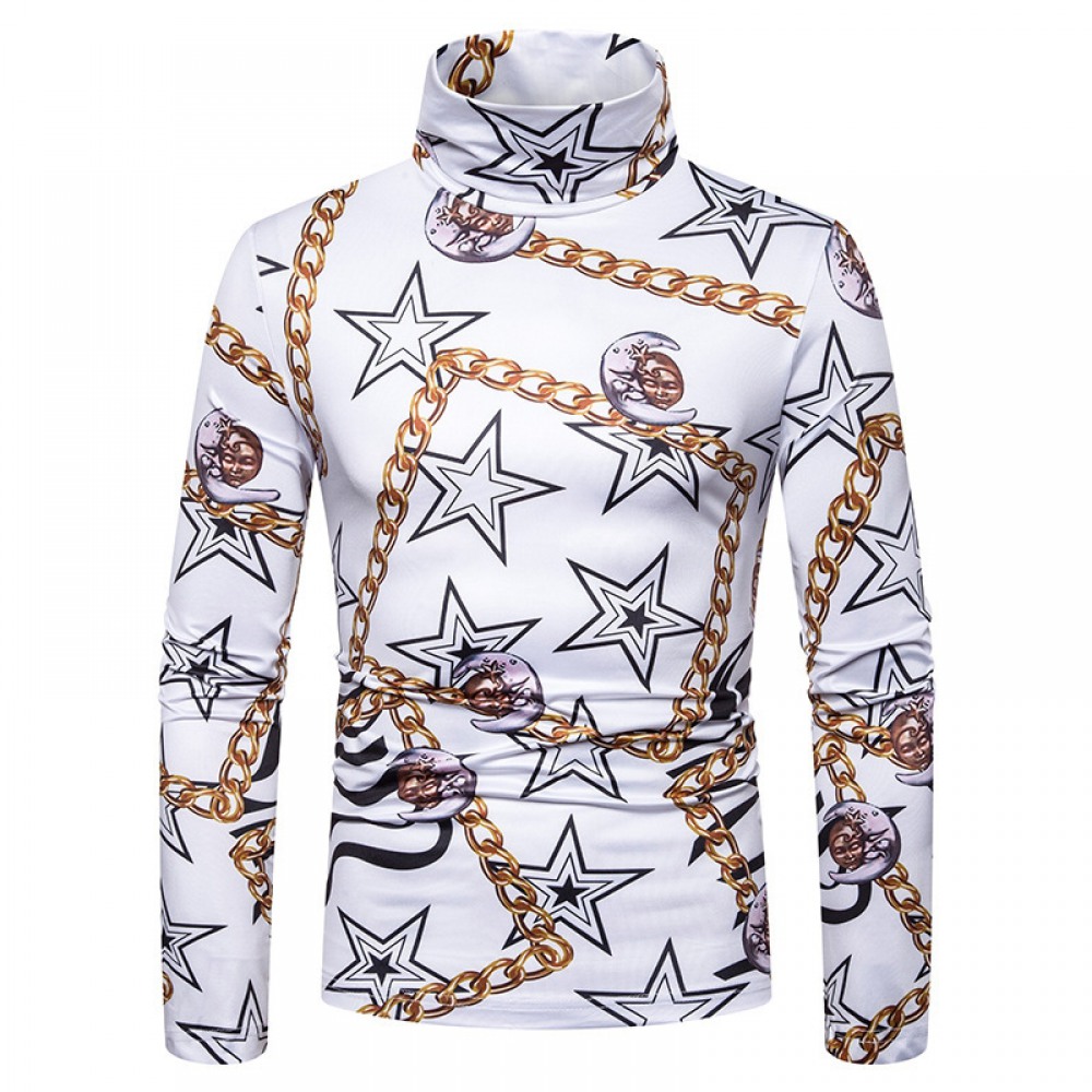 New Men's Large Size 3D Star Chain Print High Neck Long Sleeve T-Shirt Bottoming Shirt